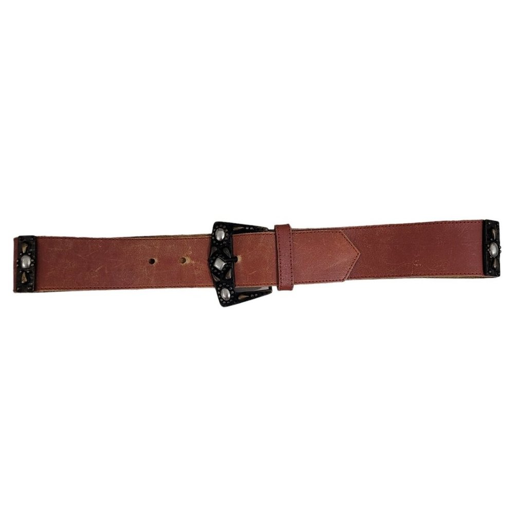 Studded Belt Womens Medium Brown Leather Sepia Tan Western Boho Embellished - Picture 10 of 10